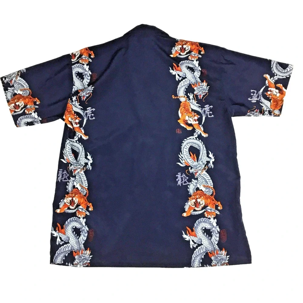 Canopy Mens XL Navy Blue Dragon Tiger Graphic Button Up Short Sleeve Camp Shirt‎